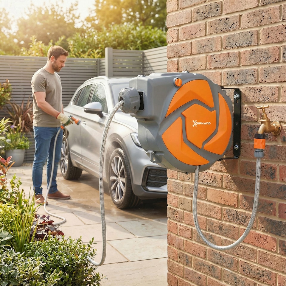 image 1 of DURHAND 10M Water Hose Reel Compact Garden Car Locking Auto Retract Spray