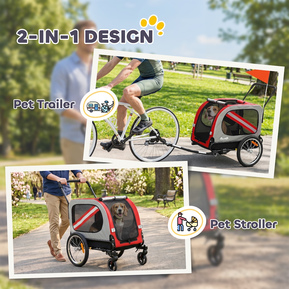 image 1 of PawHut 2-In-1 Dog Bike Trailer Stroller w/ Universal Wheel Reflector Flag