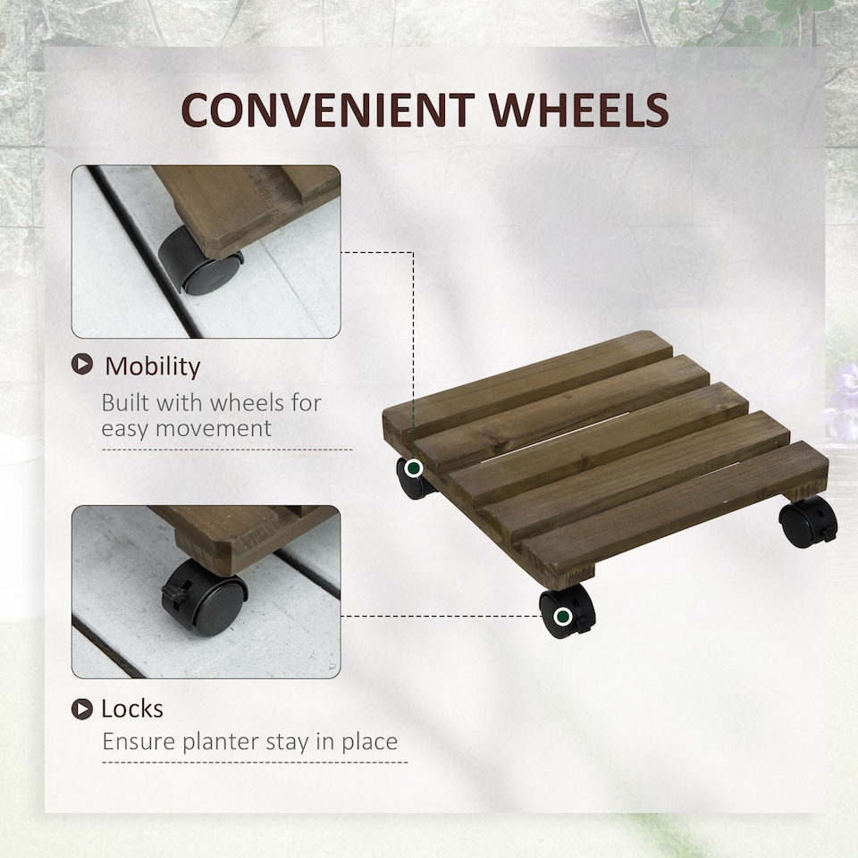 image 1 of Outsunny 2 Pack Plant Caddy with Wheels, Square Wooden Plant Pot Trolley | Brown | Dark brown | 30 x 30 x 7 cm