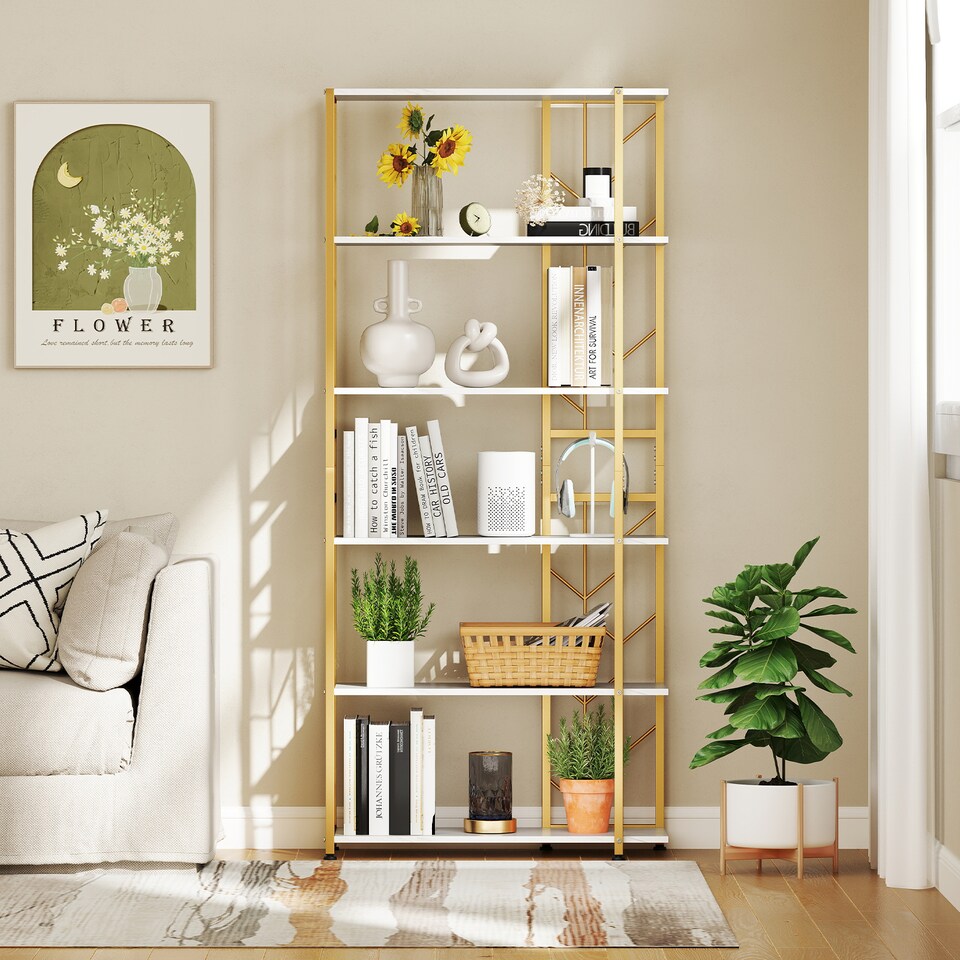 image 1 of COSTWAY 6 Tier Bookshelf Modern Geometric Bookcase White