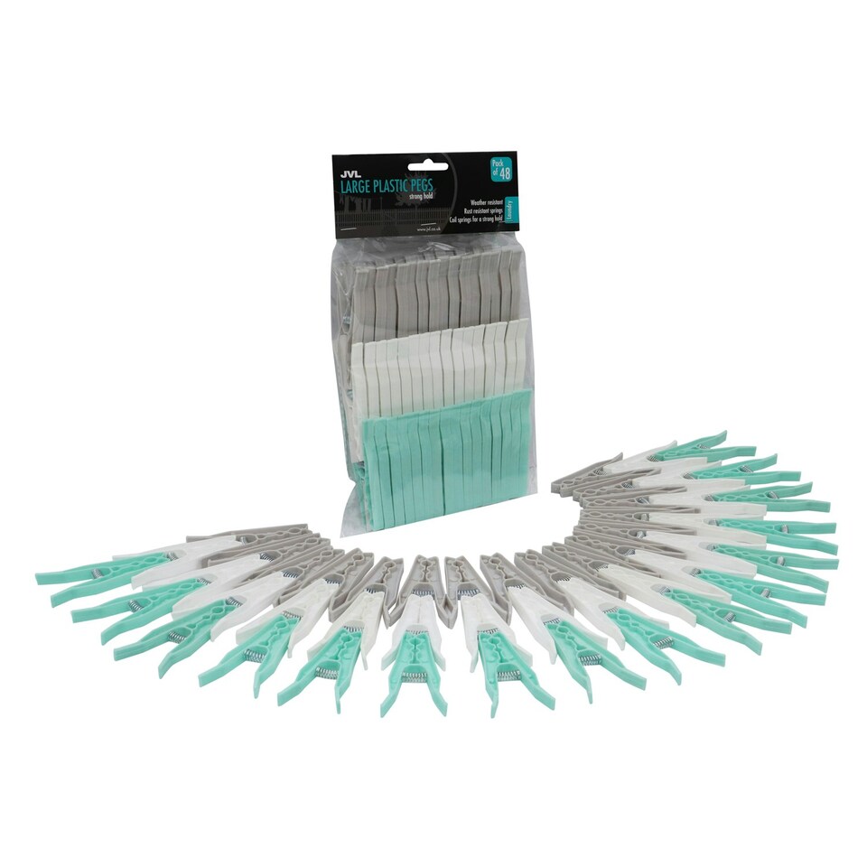 image 1 of JVL Plastic Peg Basket, Grey with 48 Large Ultra Strong Plastic Pegs, Aqua