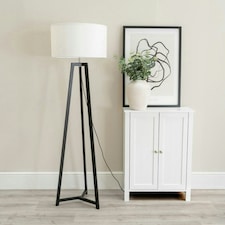ValueLights Lottie Black Wood Tripod Floor Lamp with White Fabric Drum Shade and LED Bulb
