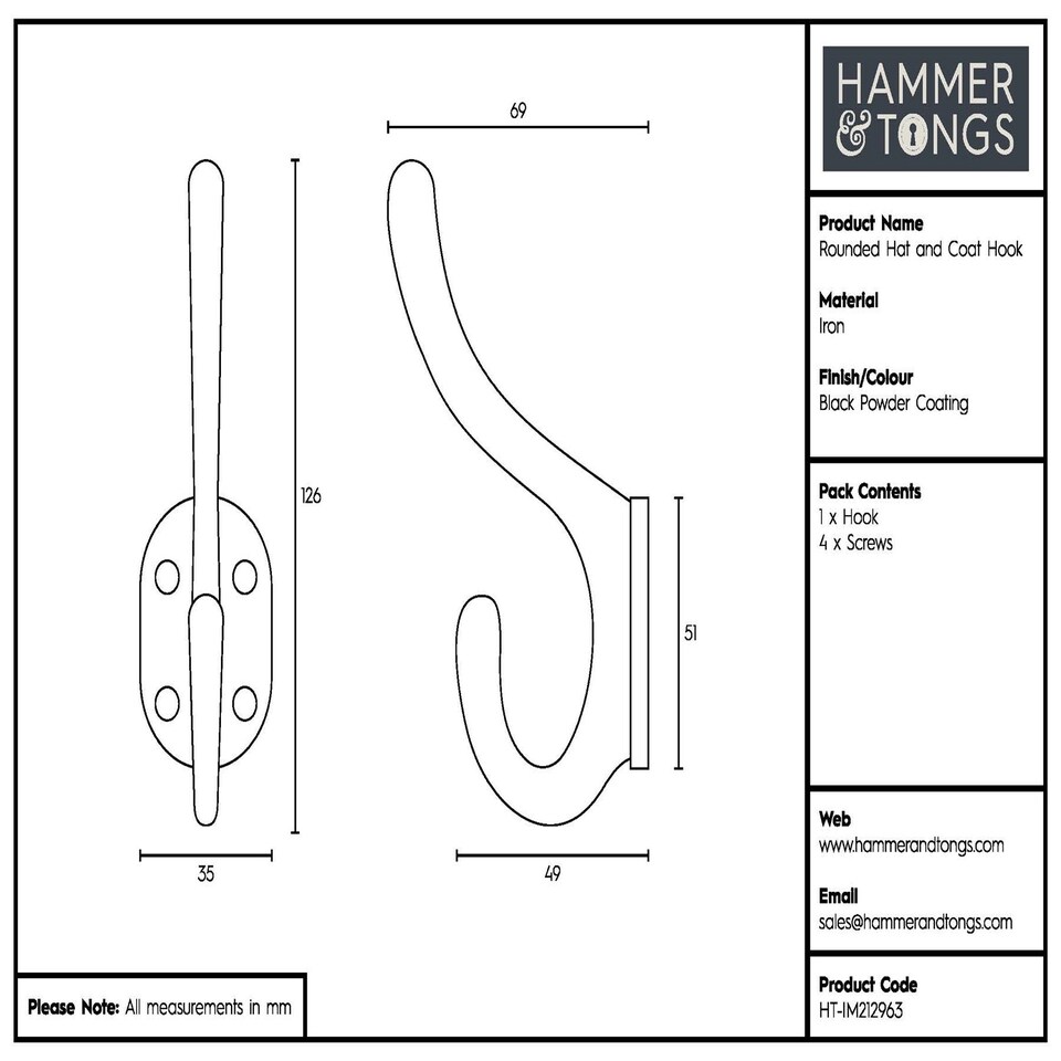 image 1 of Hammer & Tongs Rounded Hat & Coat Hook - W35mm x H125mm - Black