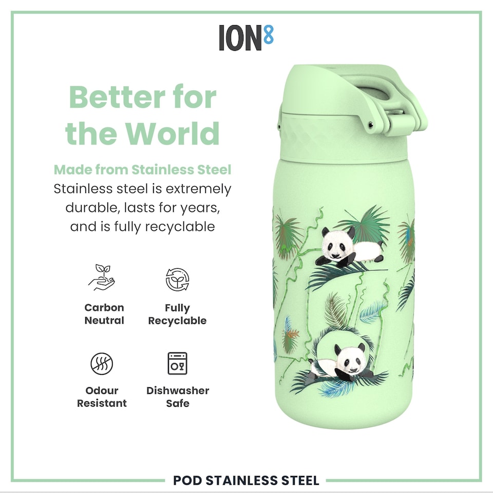 image 1 of Leak Proof Kids Water Bottle, Stainless Steel, 400ml (13oz) | Green | Panda | One Size