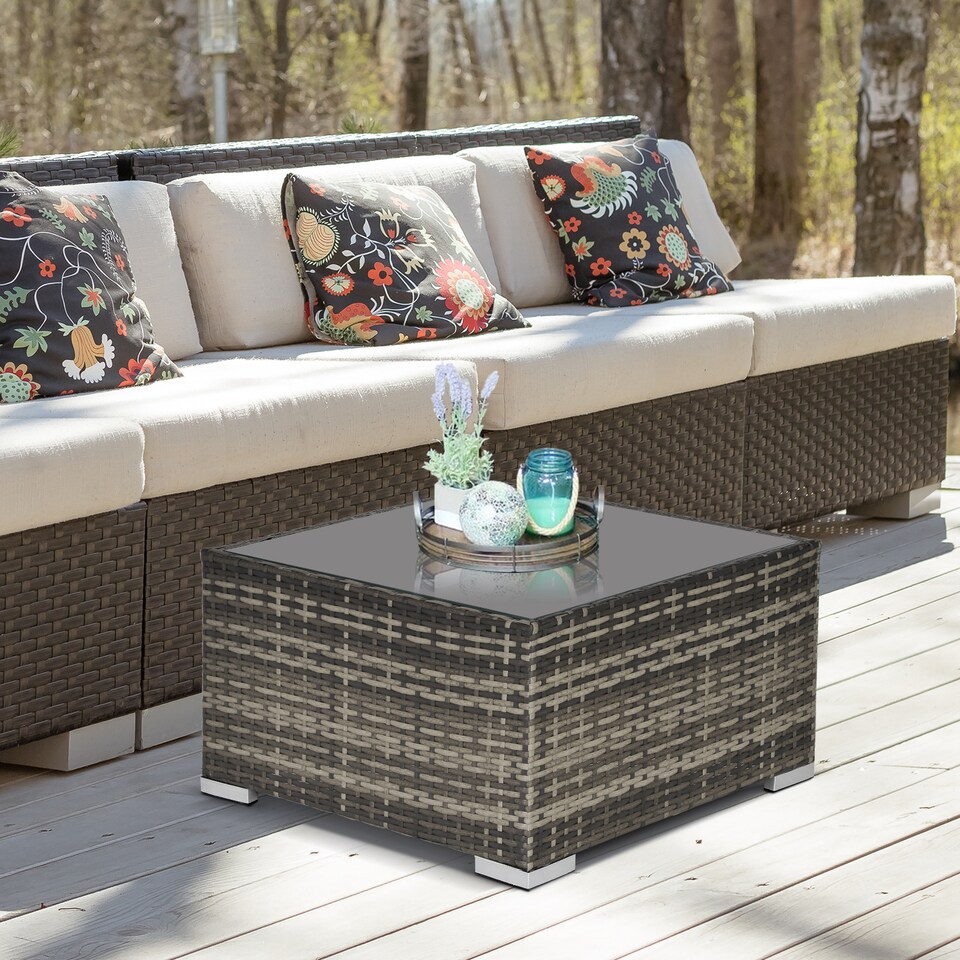 image 1 of Outsunny Rattan Garden Coffee Table, 65 cm Square Garden Rattan Table with Tempered Glass Top, All Weather Wicker Bistro Outdoor Furniture for Patio, Balcony, Porch, Deep Grey