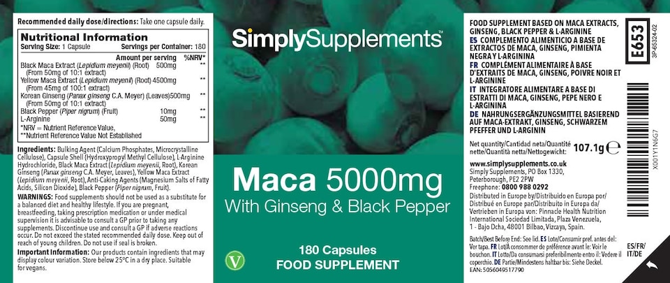 image 1 of Maca Root 5000mg with Ginseng & Black Pepper - 180 Capsules