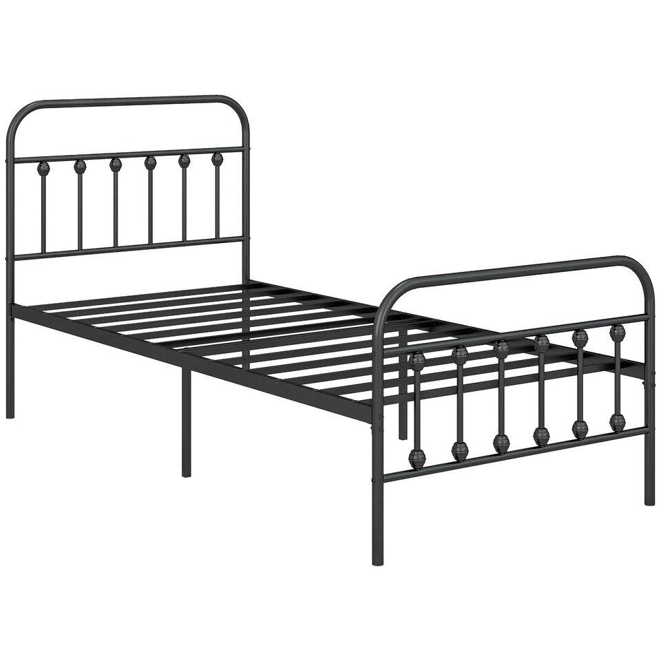image 1 of HOMCOM 3ft Metal Single Platform Bed Frame w/ Underbed Storage Headboard Black