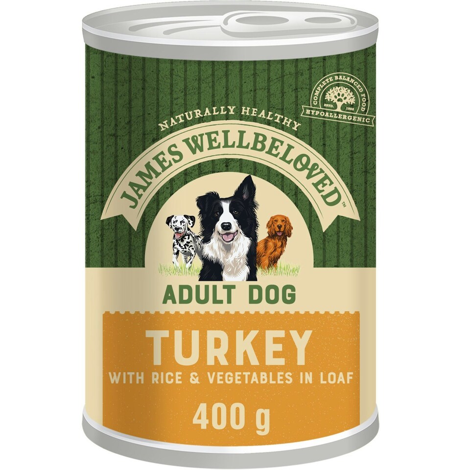 image 1 of James Wellbeloved Adult Wet Dog Food Tins Turkey & Rice in Loaf 12 x 400g