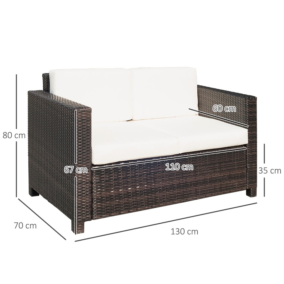 image 1 of Outsunny Rattan Sofa, 2 Seater Garden Furniture with Soft Padded Cushion and Armrests, Wicker Garden Loveseat for Patio, Mixed Brown | Brown | Two Seater