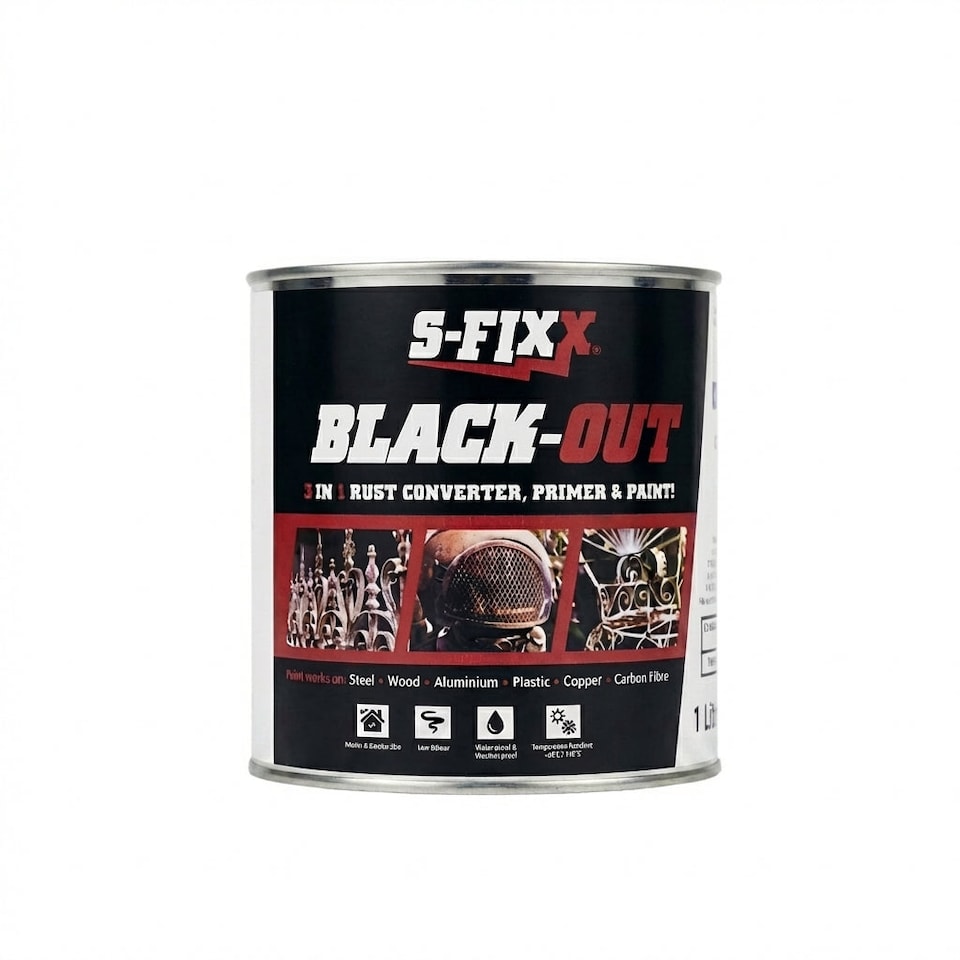 image 1 of S-FIXX BLACKOUT 3 in 1 RUST CONVERTER, PRIMER & PAINT 1LTR