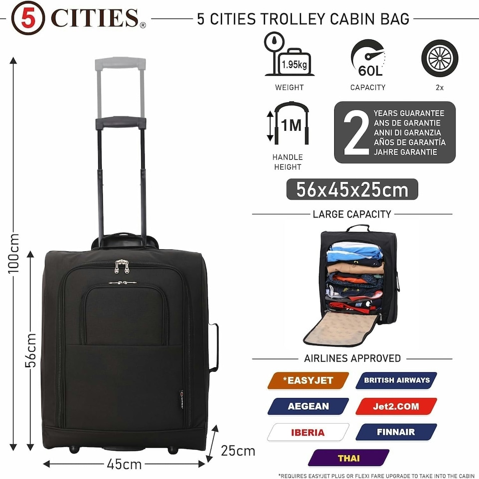 image 1 of 5 Cities 56x45x25 Trolley Bag EasyJet/British Airways/Jet2 Maximum Cabin Approved Carry On Suitcase 60L Capacity with 2 Wheels Lightweight Travel 2 YearWarranty Black | Black | Cabin Bag