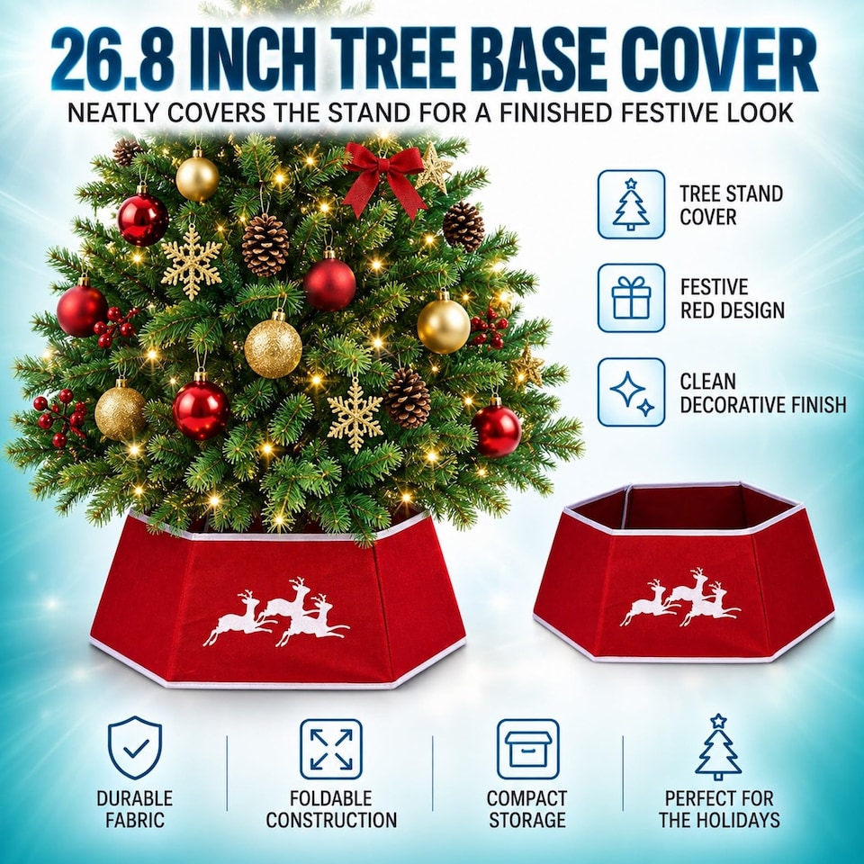 image 1 of 26.8 Inch Hexagonal Fabric Christmas Tree Collar Foldable Red Burlap Cover for Tree Stands