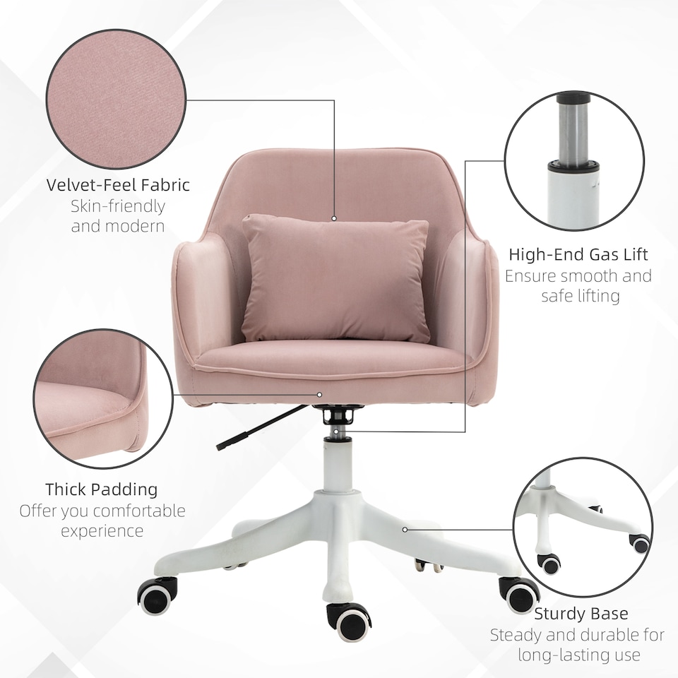 image 1 of Vinsetto Velvet Office Chair, Desk Chair, Makeup Vanity Chair with Massage Lumbar Pillow and Rolling Wheels for Bedroom and Home, Pink