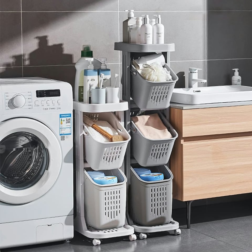 image 1 of Living and Home 4-Tier Storage Rack Laundry Basket with Wheels, Grey, 26cm W x 40cm D x 108.5cm H Grey