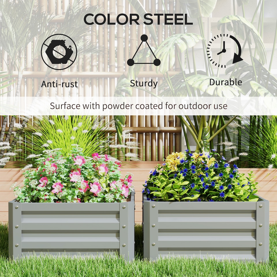 image 1 of Outsunny Set of 2 Raised Garden Bed Galvanised Planter Box, Light Grey | Grey | Light Grey