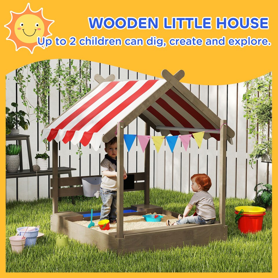 image 1 of Outsunny Sand Pit with Canopy, Blackboard, Toys, Sink, Seats, Flags for Kids