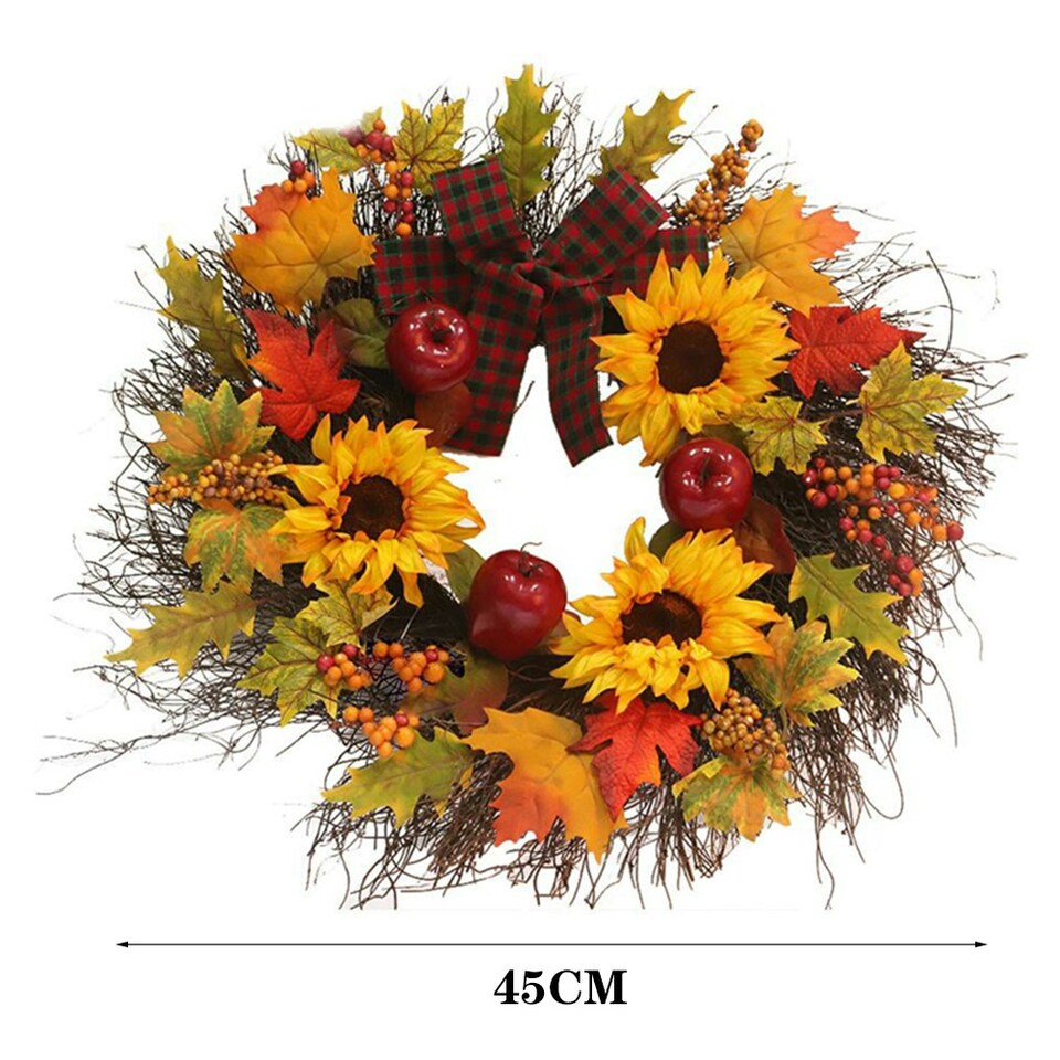 image 1 of Living and Home Autumn Wreath with Artificial Maple Leaves and Sunflowers for Halloween- 45cm dia
