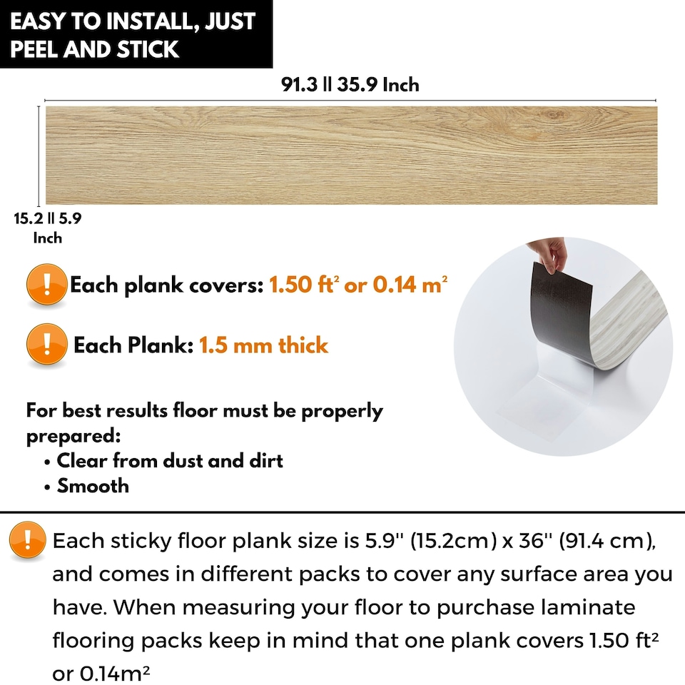 image 1 of Self Adhesive Floor Planks | 5.9x35.9in (91.4x15.2cm) Each | Peel & Stick Vinyl Flooring | Beige Wood Effect | Easy DIY | Stick On Tile Planks | Brown | 1.39 sqm