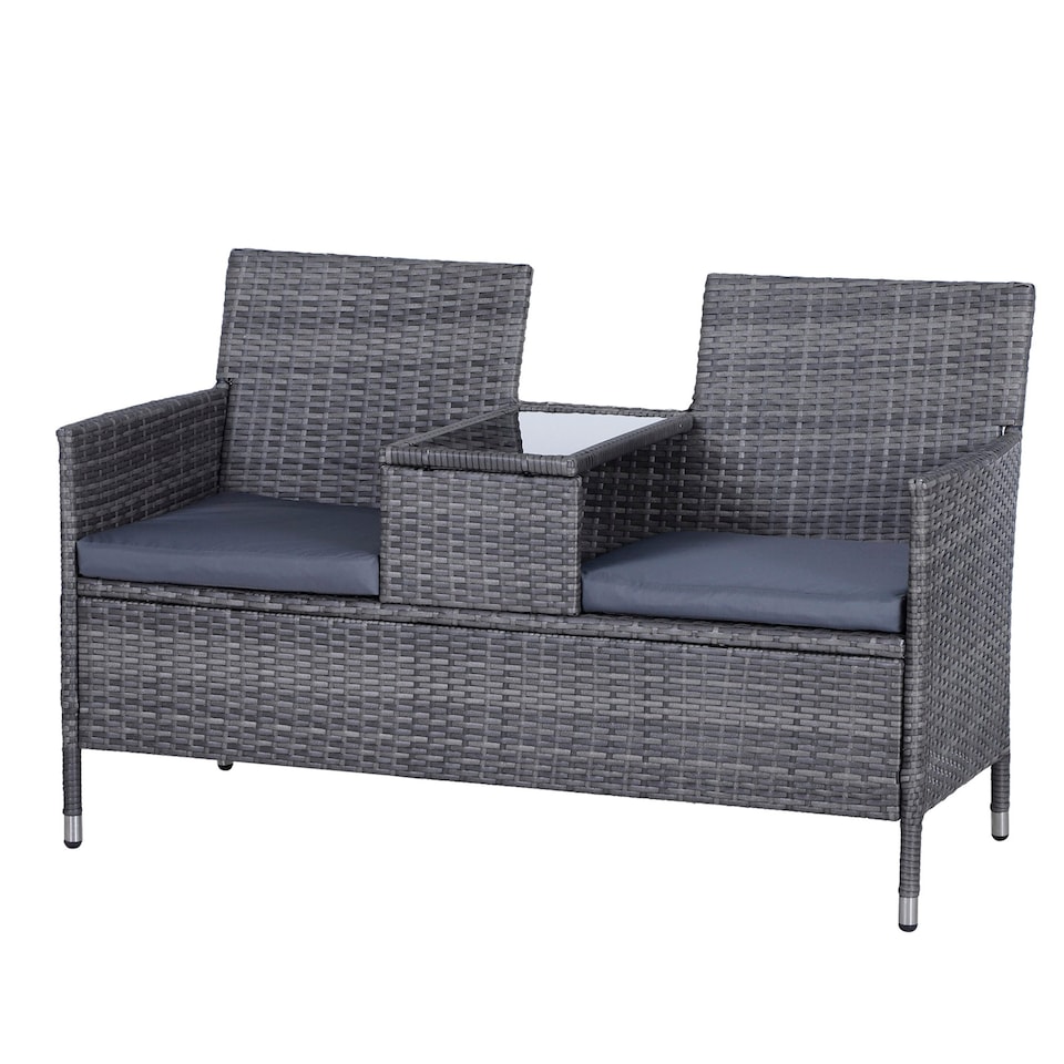 image 1 of Outsunny Rattan Chair Garden Furniture Patio Companion Love Seat Table Grey