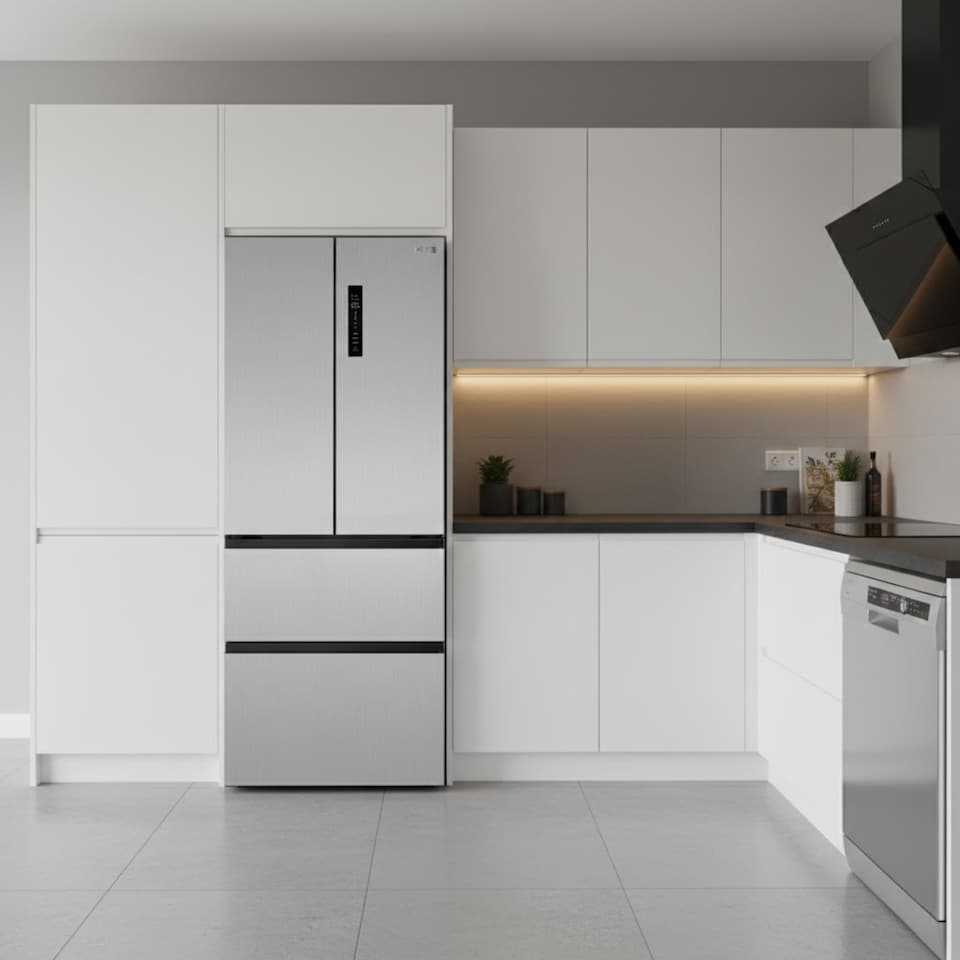 image 1 of HYE 403 Litre Frost Free French Door American Fridge Freezer, 70cm, Silver - RF01AMFD403DS07