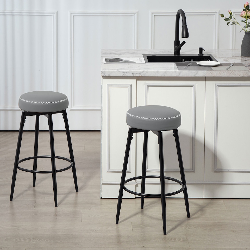 image 1 of HOMCOM 360 Degree Swivel Bar Stools Set of 2, Kitchen Counter Stools with Footrest, Faux Leather with Stitching, Modern Barstools for Breakfast Island, 69 cm Tall, Grey | Grey | Grey