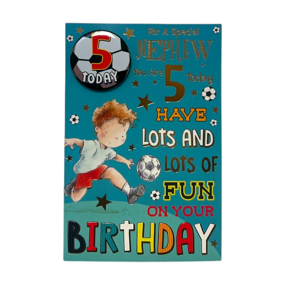 image 1 of Nephew Age 5 Juvenile Boy Playing Football Birthday Card with Badge