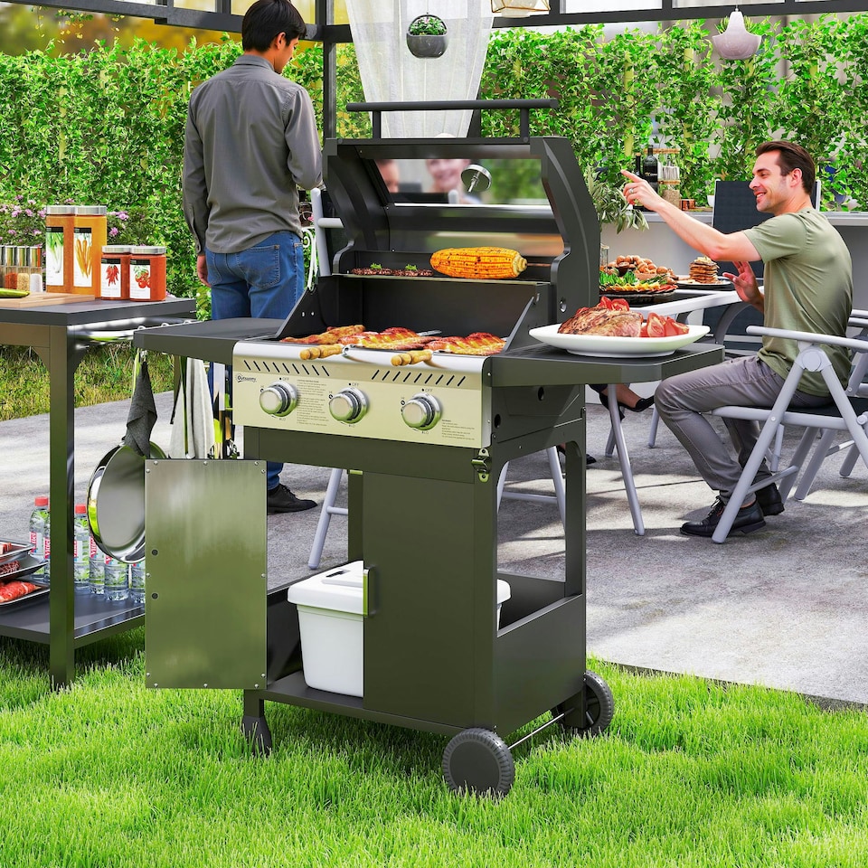 image 1 of Outsunny 3 Burner Propane Gas BBQ Grill with See-through Lid and Thermometer