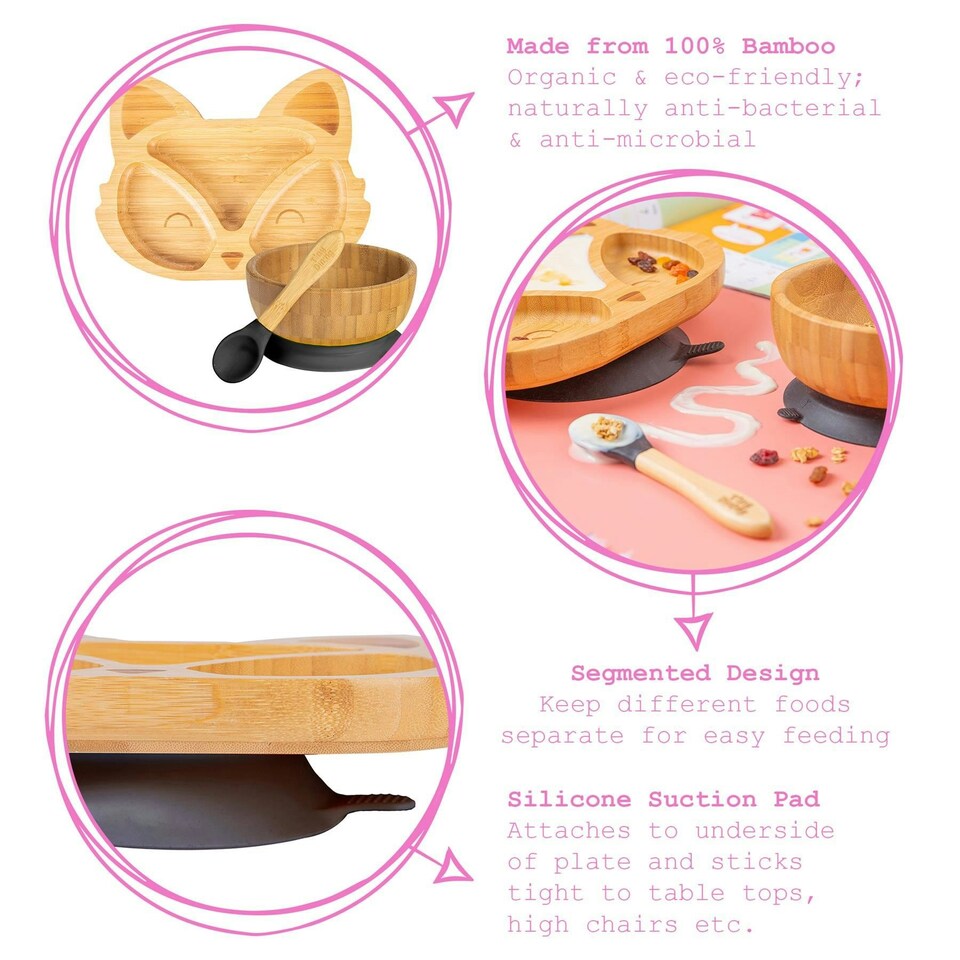 image 1 of Tiny Dining 4pc Fox Bamboo Suction Baby Feeding Set - Beige