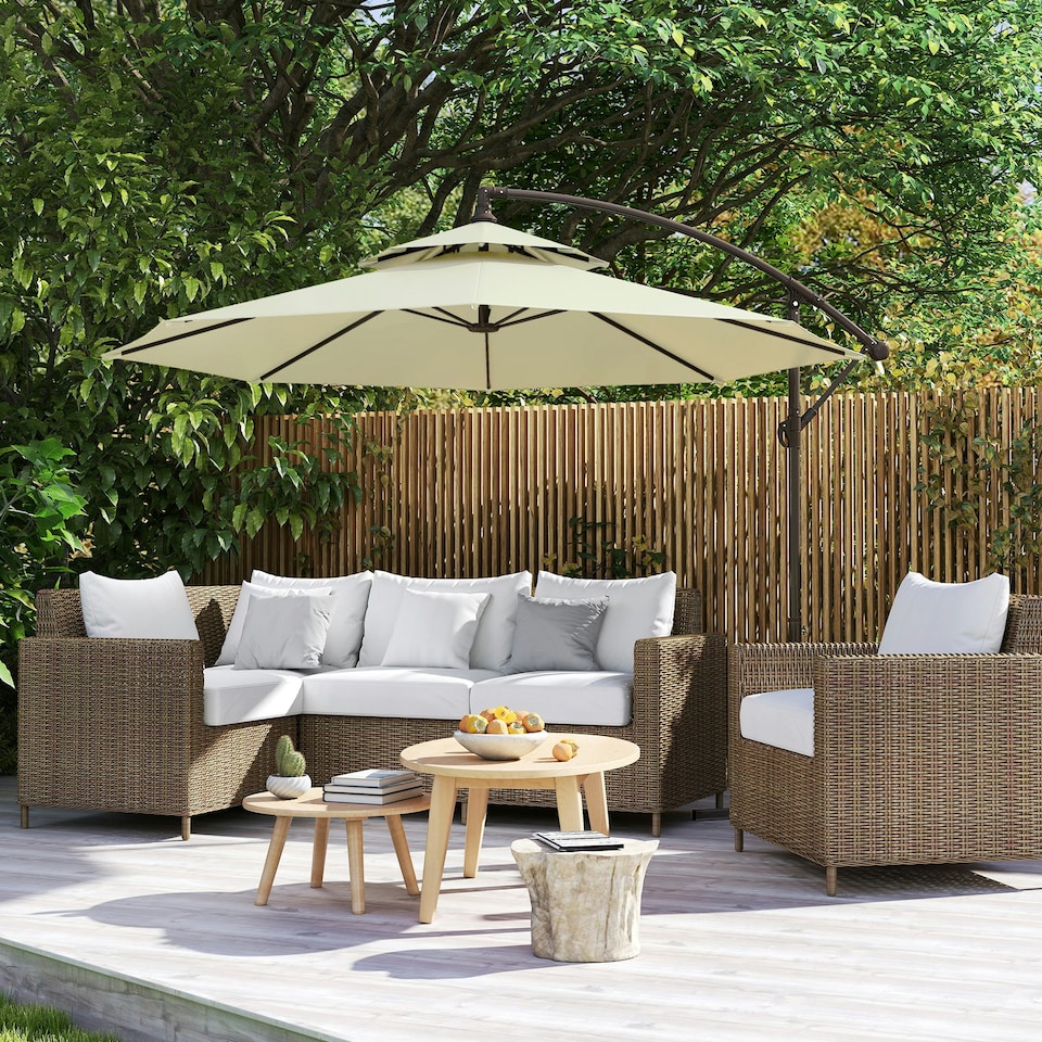 image 1 of Outsunny 2.7m Cantilever Banana Parasol Outdoor Sun Shade w/ Crank, Beige