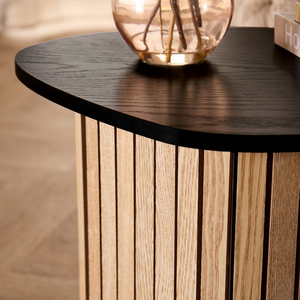 image 1 of OHS Ribbed Round Oval Home Living Room Modern Decor Coffee Side End Table Multi | Light Wood and Black