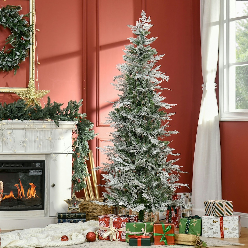 image 1 of HOMCOM 6 Foot Snow Flocked Artificial Christmas Tree Holiday with Pencil Shape