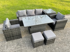 Fimous Rattan Garden Furniture Set Rising Adjustable Dining Table Lounge Sofa Set With Foostools Dark Grey Mixed Extra Side High Tall Coffee Tea Table