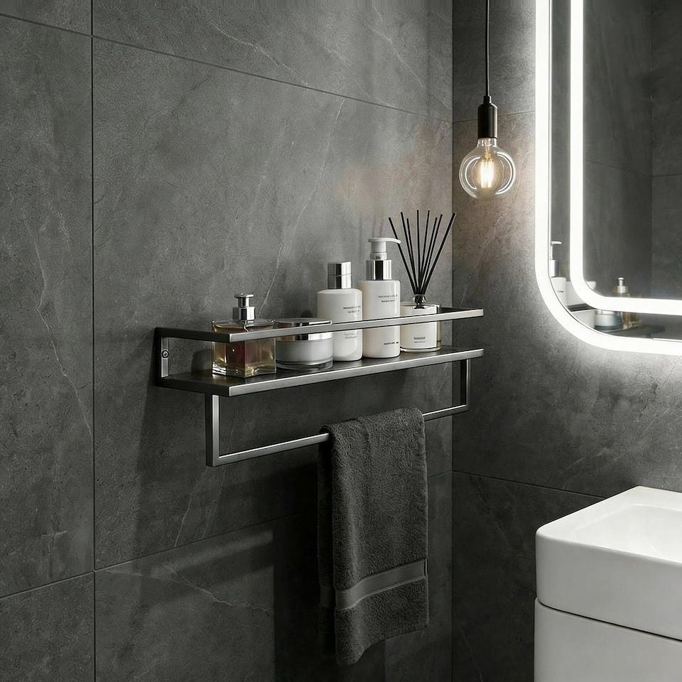 image 1 of OHS Towel Rail Bathroom Shelf Space Saving Storage Unit Wall Mounted