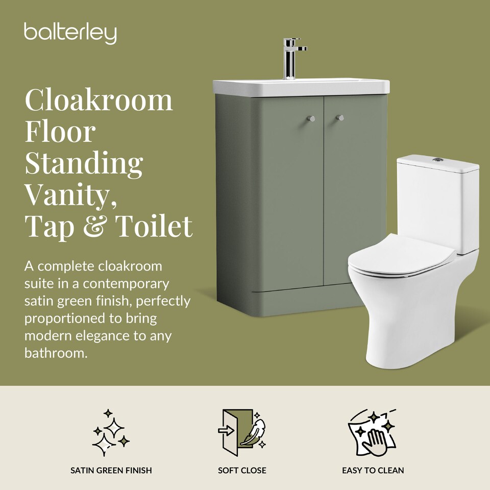 image 1 of Balterley Contemporary Floor Standing 2 Door Bathroom Vanity Unit, Basin, Tap & Toilet Pack | Green | Satin Green | 814 x 579 x 342mm