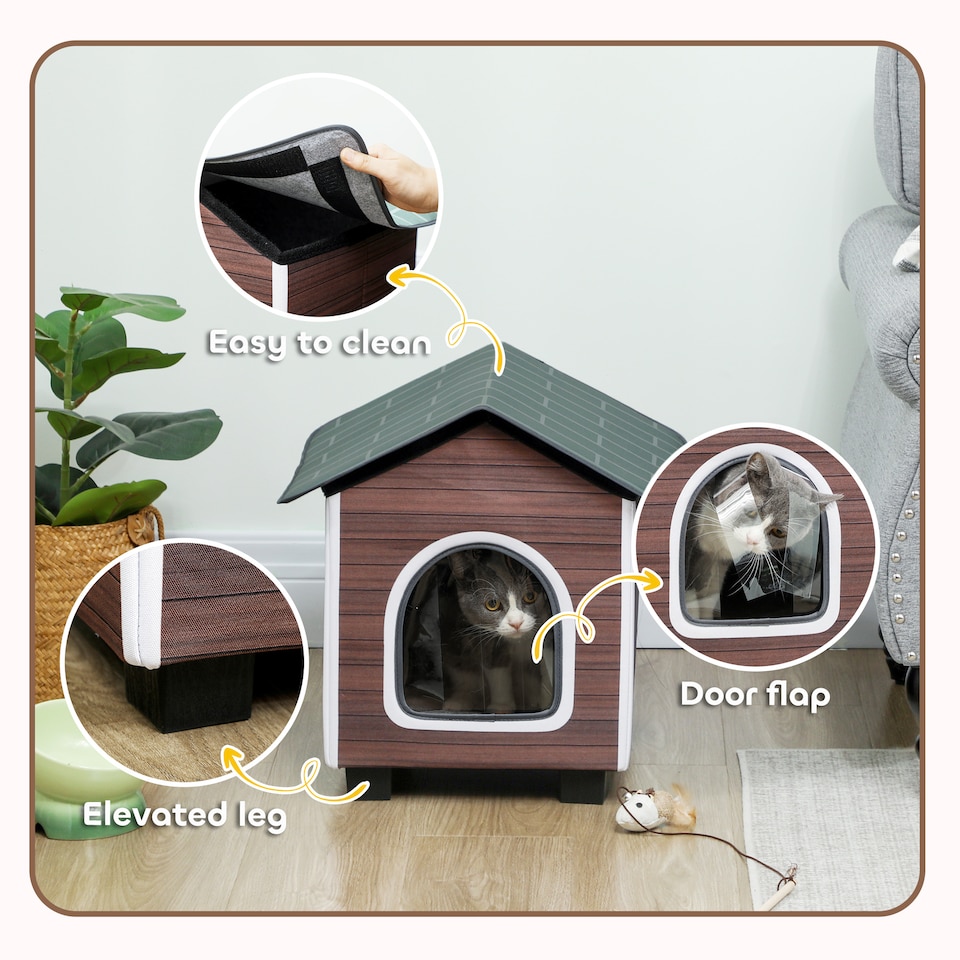 image 1 of PawHut Outdoor Cat House with Elevated Base, Cushion, Red-brown