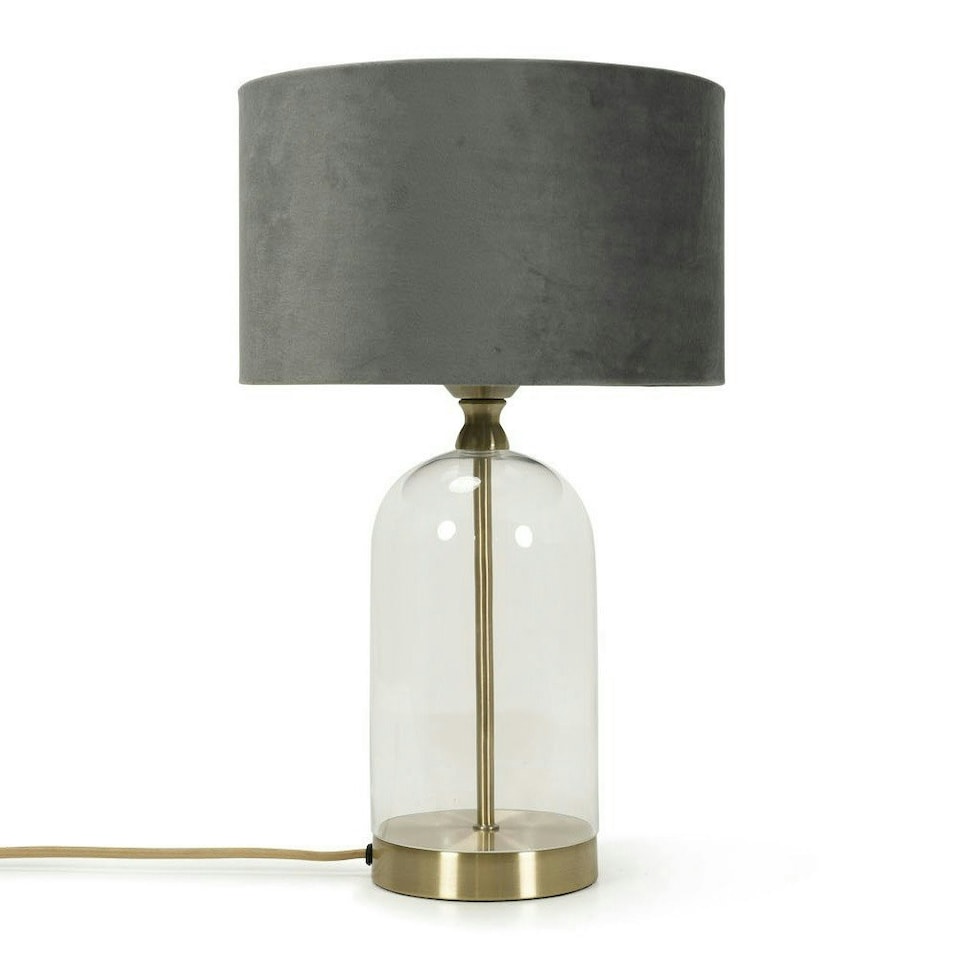 image 1 of ValueLights Jessy Glass and Gold Metal Bedside Table Lamp with a Grey Velvet Lampshade - Bulb Included Grey