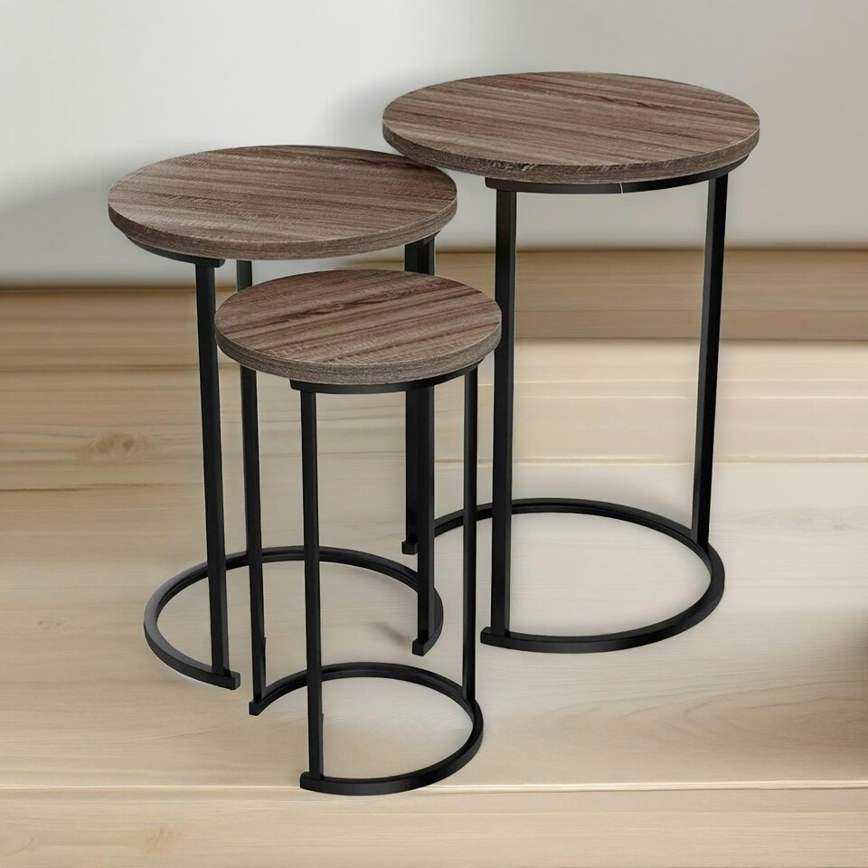 image 1 of Set of 3 Wooden Nest Of Tables Brown Brown
