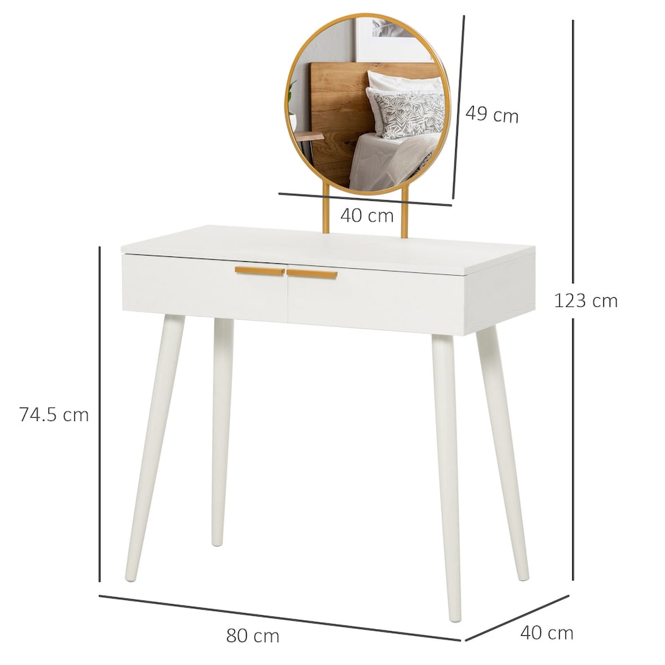 image 1 of HOMCOM Modern Dressing Table with Round Mirror, Makeup Vanity Table with 2 Drawers for Bedroom, Living Room, 80 x 40 x 123 cm, White