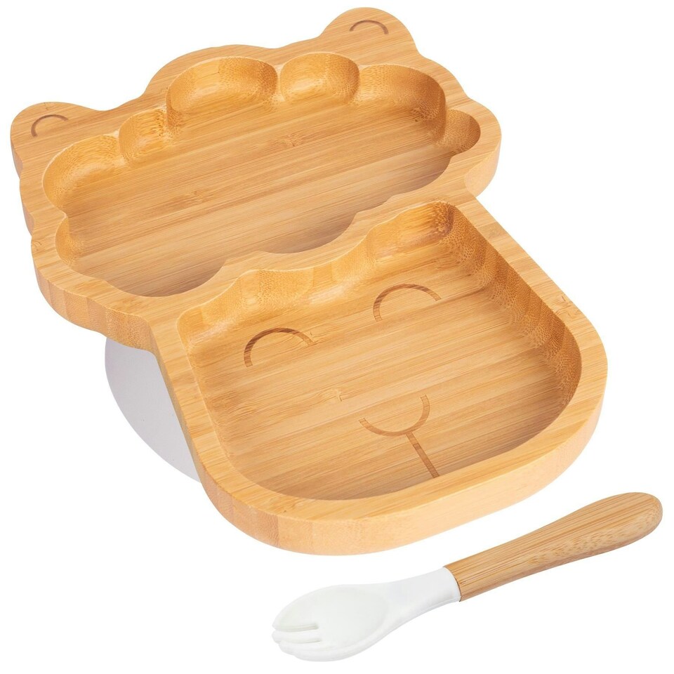 image 1 of Tiny Dining Bamboo Llama Baby Weaning Plate & Fork Set - White