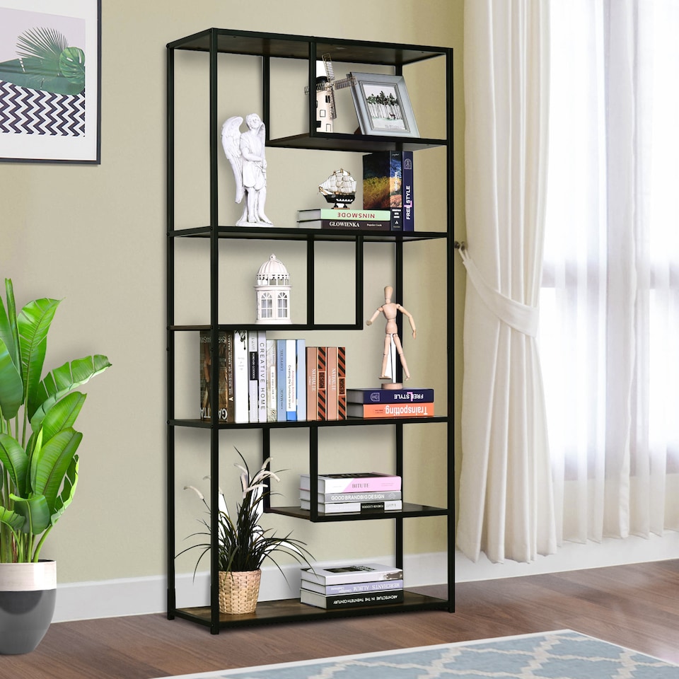 image 1 of HOMCOM 6 Tier Bookcase, Industrial Tall Shelf Unit with Steel Frame for Home Office, Study, Living Room, Hallway, 82 x 33.5 x 175 cm, Rustic Brown and Black