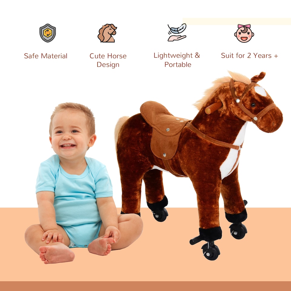 image 1 of HOMCOM Plush Walking Horse Ride On Toy with Wheels and Realistic Sounds Rocking Horse for Girls Boys 2 Plus Years Old, 50cm Tall, Brown