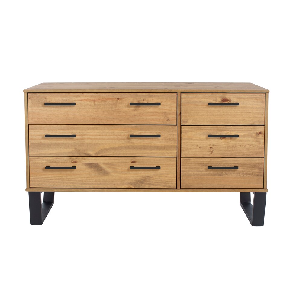 image 1 of Texas 3+3 Drawer Wide Chest of Drawers - Industrial Style Pine Bedroom Storage Cabinet with Metal Legs | Brown | Brown | 1