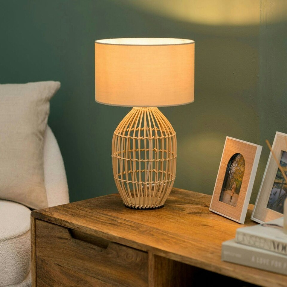 image 1 of ValueLights Hollins Painted Natural Table Lamp with Small Natural Drum Shade and LED Bulb