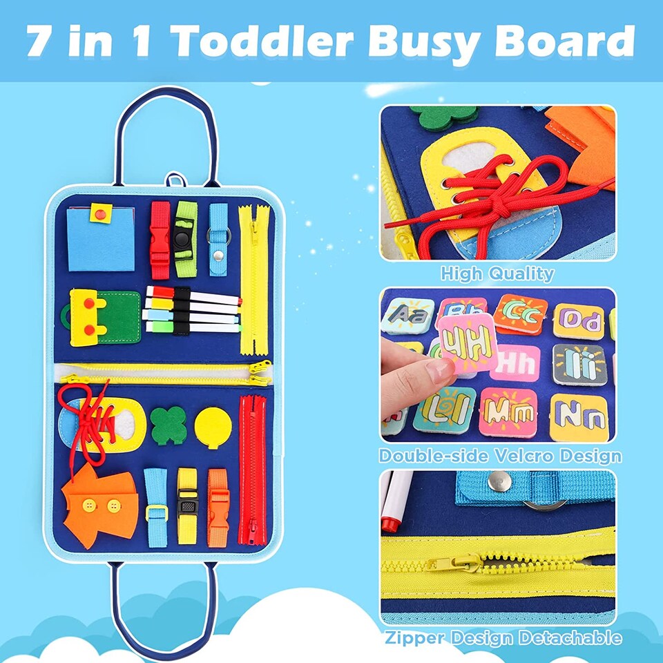 image 1 of Busy Board Montessori Sensory Toy - 10 Pages Quiet Book for Toddlers, Fine Motor & Learning Skills, Travel Toy for Kids Ages 3 plus (Blue)