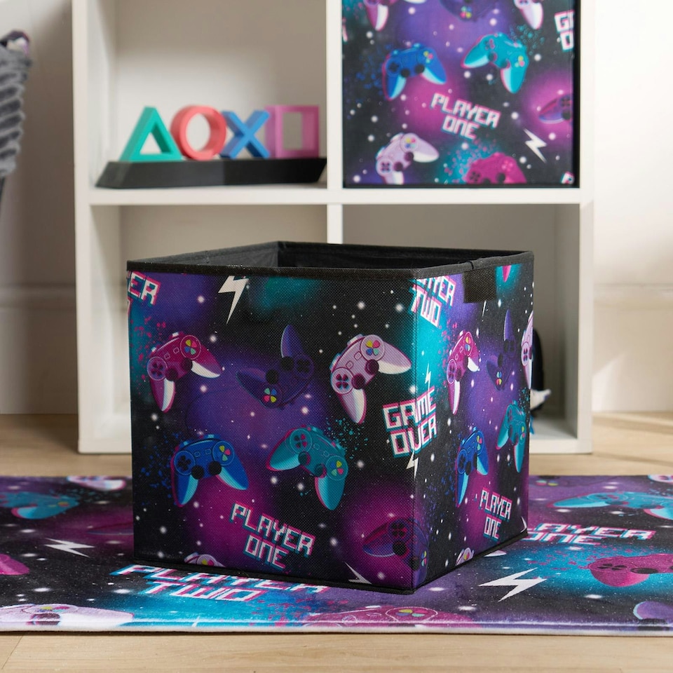 image 1 of OHS 4 Pack Folding Storage Gaming Print Cubes Space Saving Home Bedroom Clothes Toy Organiser | Black