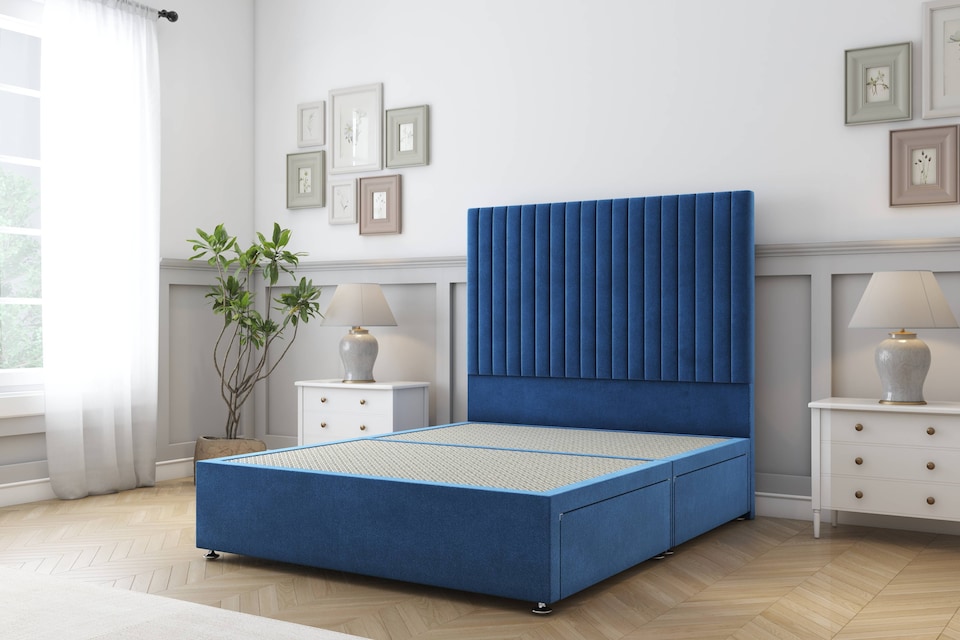 image 1 of Sloomy Manhattan Navy Plush Divan Bed Base No Drawers With 54 Inch Floor Standing Headboard | Blue | Navy | Super King | 1
