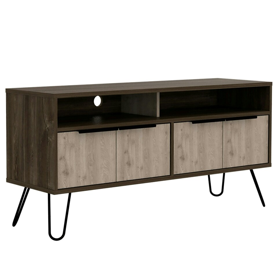 image 1 of Nevada Smoked Oak Wide 4-Door TV Unit - Modern Media Cabinet with Storage, Shelves, and Hairpin Legs | Brown | Brown | 1