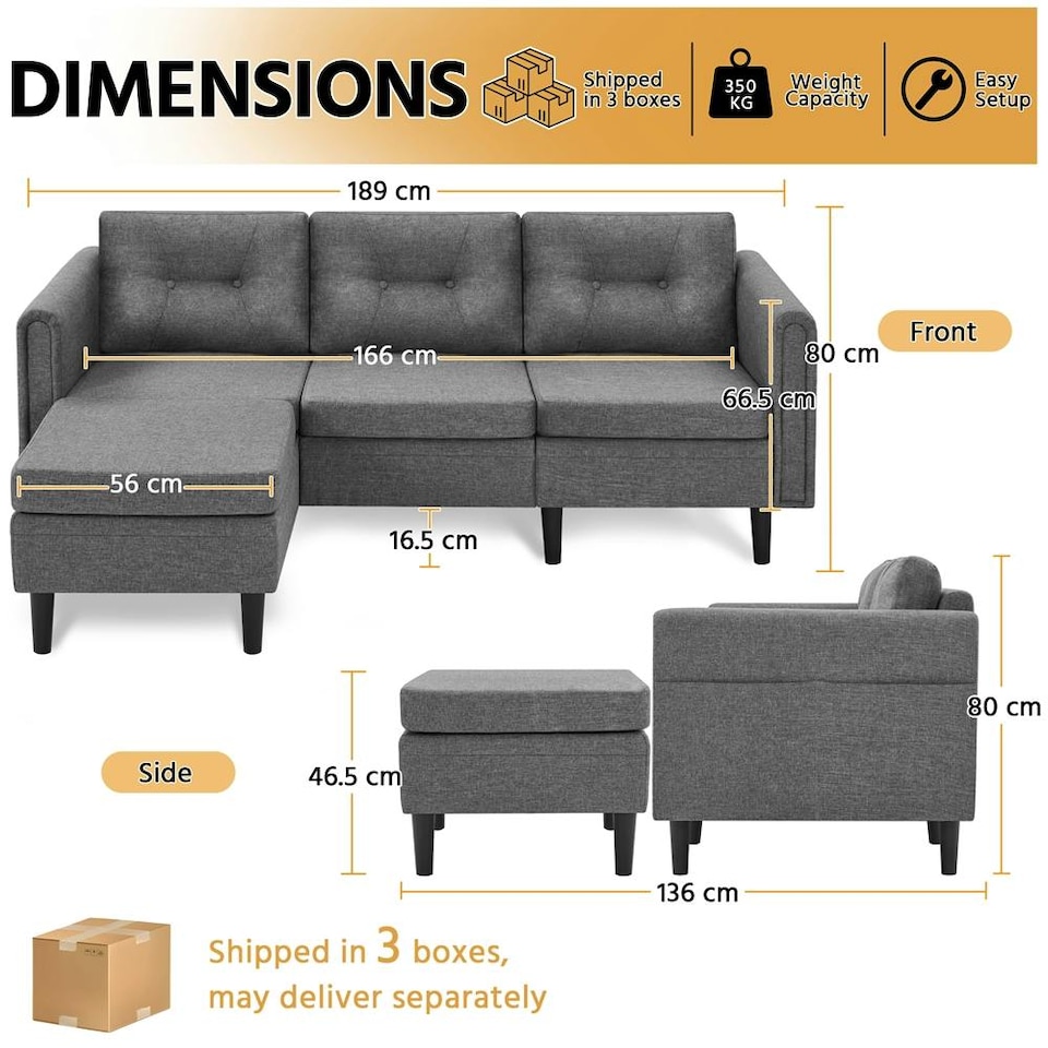 image 1 of Yaheetech 189 cm W 3-Seater Sofa with Ottoman | Grey | Light Grey | Three Seater