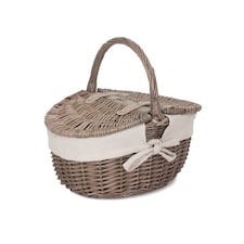 Small Antique Wash Double Lidded Oval Picnic Basket with White Lining | White | White