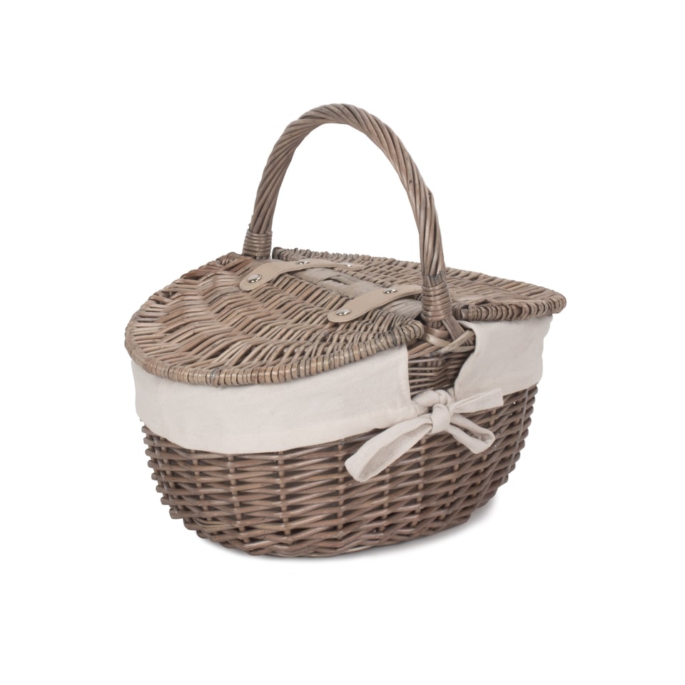 image 1 of Small Antique Wash Double Lidded Oval Picnic Basket with White Lining | White | White